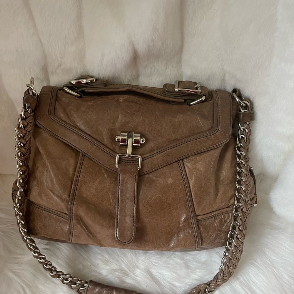 Treesje khaki distressed leather shoulder bag with bold silver tone hard…